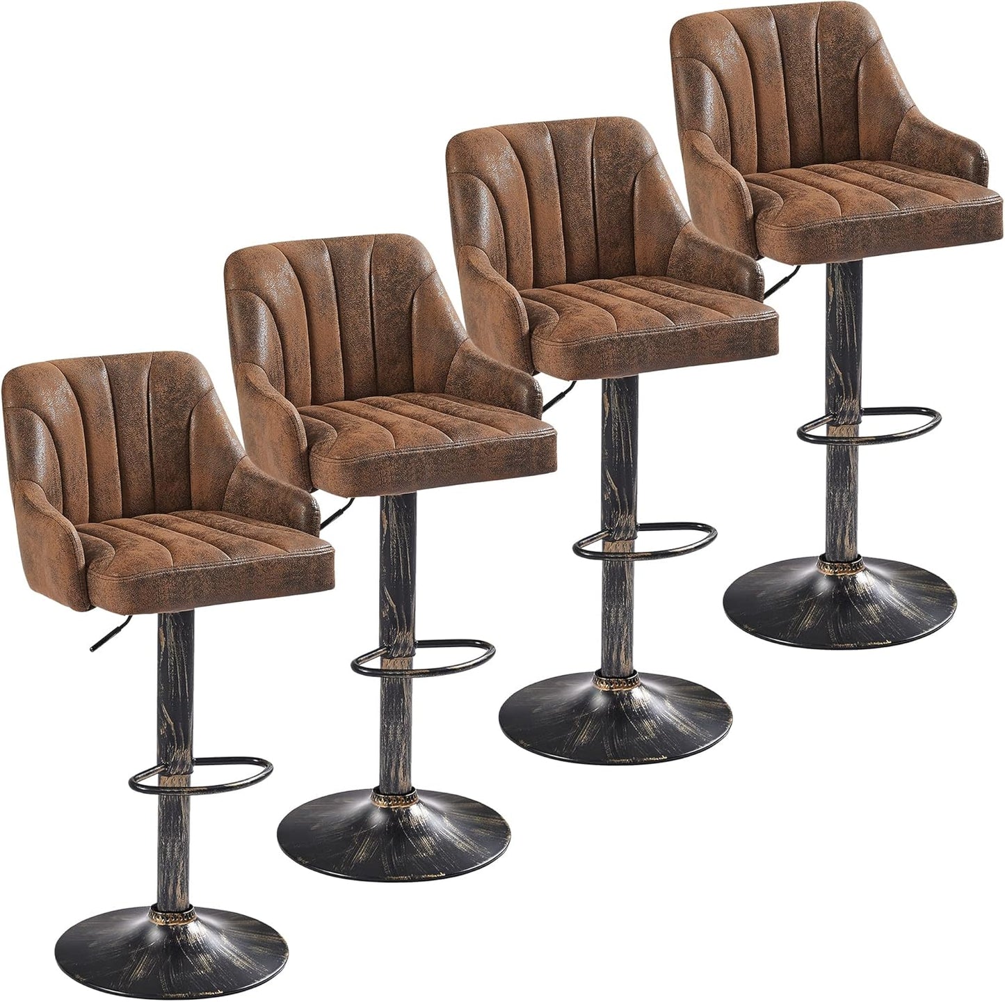 VECELO Bar Stools Set of 4, Adjustable Barstools, Counter Height Stools with Back and Arm, Kitchen Island Stools, Swivel PU Chairs for Pub, Dining Room, Industrial Style, Brown