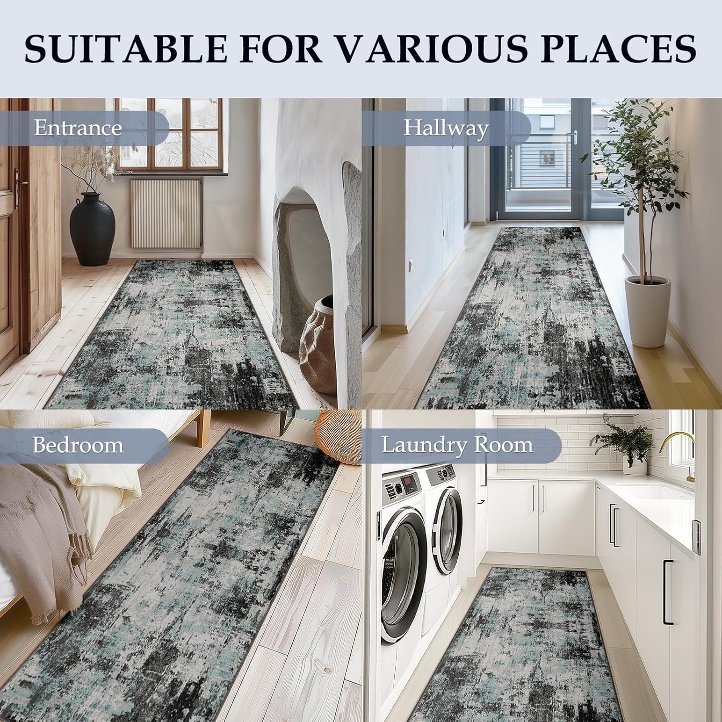 Washable Area Rugs 2'x8' Non-Slip Modern Abstract Soft for Living Room Entryway Bedroom Nursery, Print Pattern, Blue Black Teal