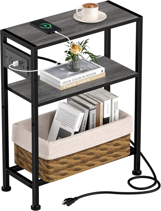 Small Narrow Side Table with Charging Station, Skinny End Table for Small Spaces, Slim Nightstand with Outlets, Sofa Bedside Table in Living Room, Bedroom, Study, Kitchen and Balcony(Grey)