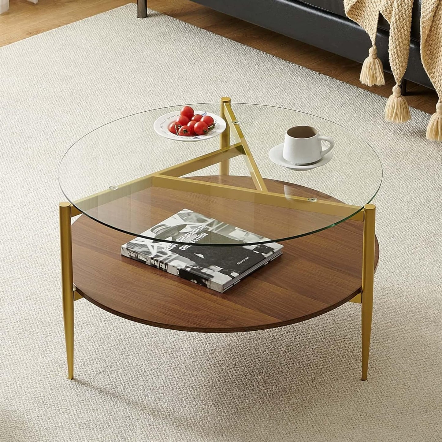 Round Coffee Table, Mid-Century Modern Design, D30*H17 inch, for Living Room, 2-Tier Structure, Clear Glass Top and Walnut MDF Shelf, Sleek Conical Metal Legs with Gold Finish
