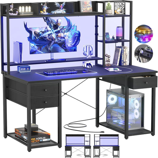 Aheaplus LED Gaming Desk with Hutch, 47.2'' Computer Workstation, Black