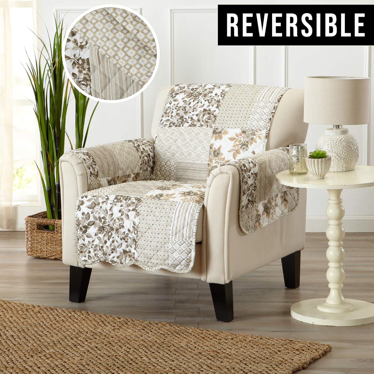 Great Bay Home Patchwork Scalloped Printed Furniture Protector Stain Resistant Chair Cover (Chair, Taupe)