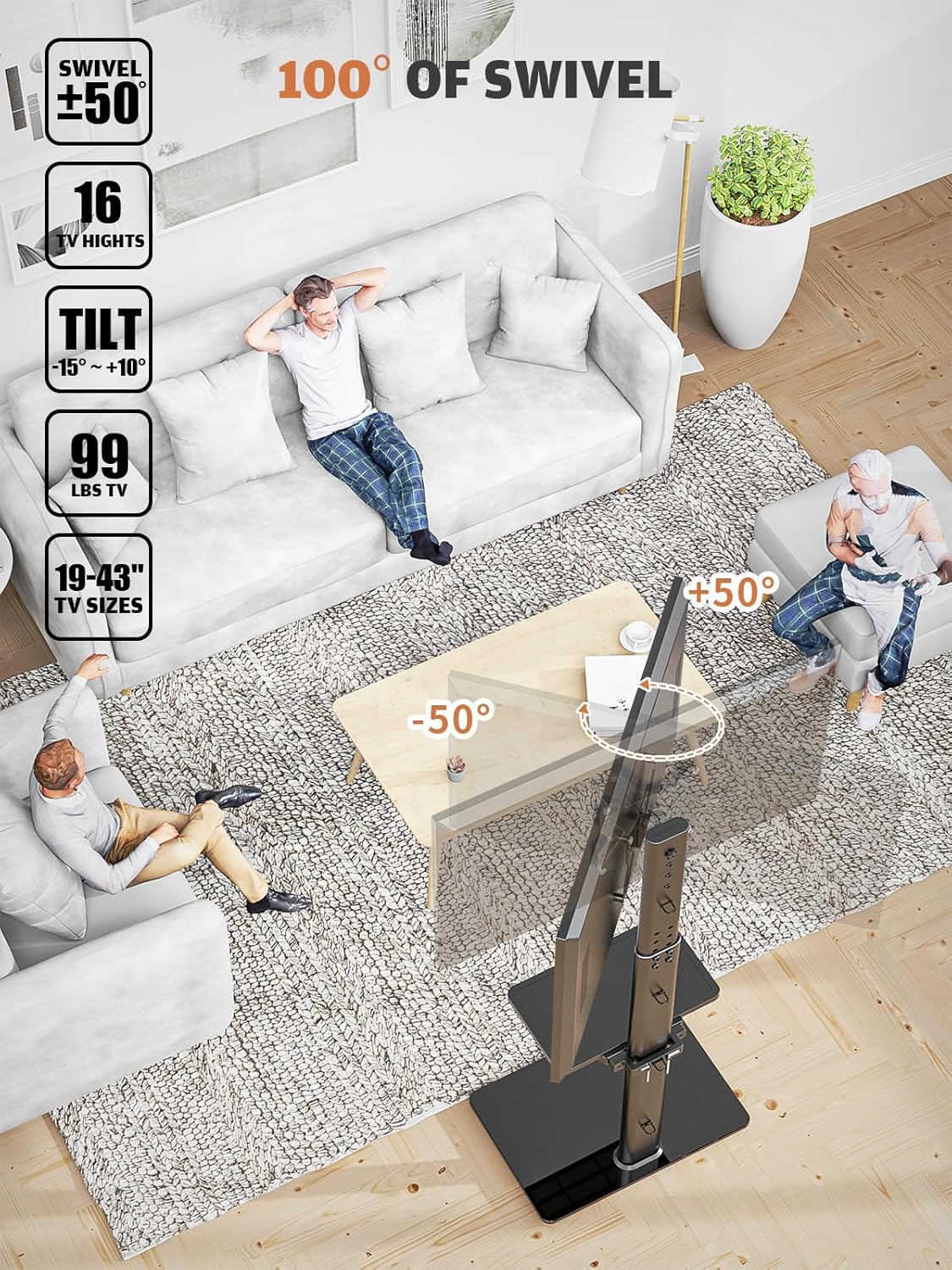 Universal Floor TV Stand with Mount for 19 to 43 inch Flat Screen TV, 100 Degree Swivel,Adjustable Height and Tilt Function, 2 Shelves Space Saving Standing TV Mount for Bedroom Living Room Corner