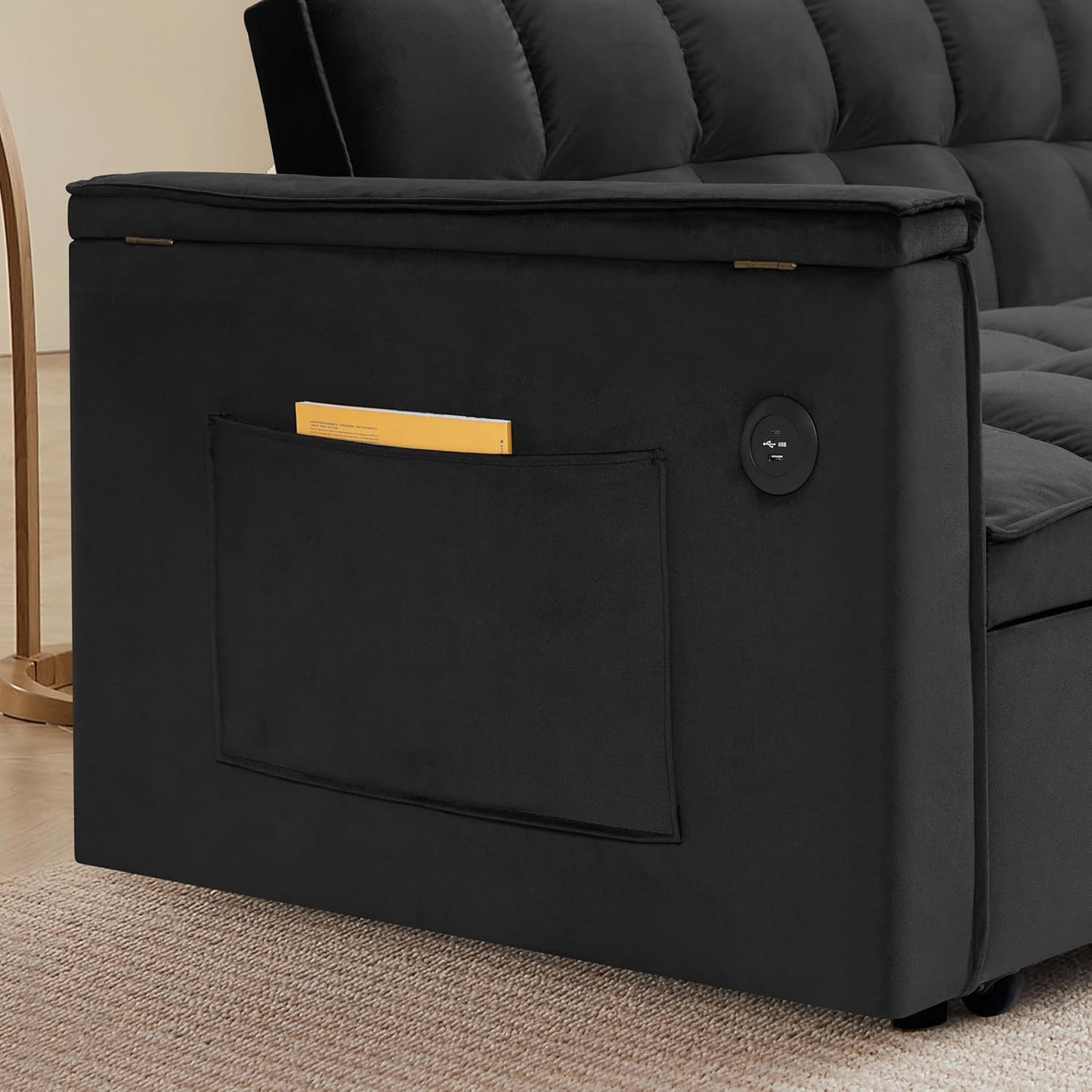 Ball & Cast 55" 3 in 1 Sleeper Sofa Bed Velvet Upholstered Pull Out Couch with Adjustable Back & 2 Pillows,Convertible Futon Sofa Bed W/Hidden Side Table,Side Pocket & USB Port,for Living Room,Black