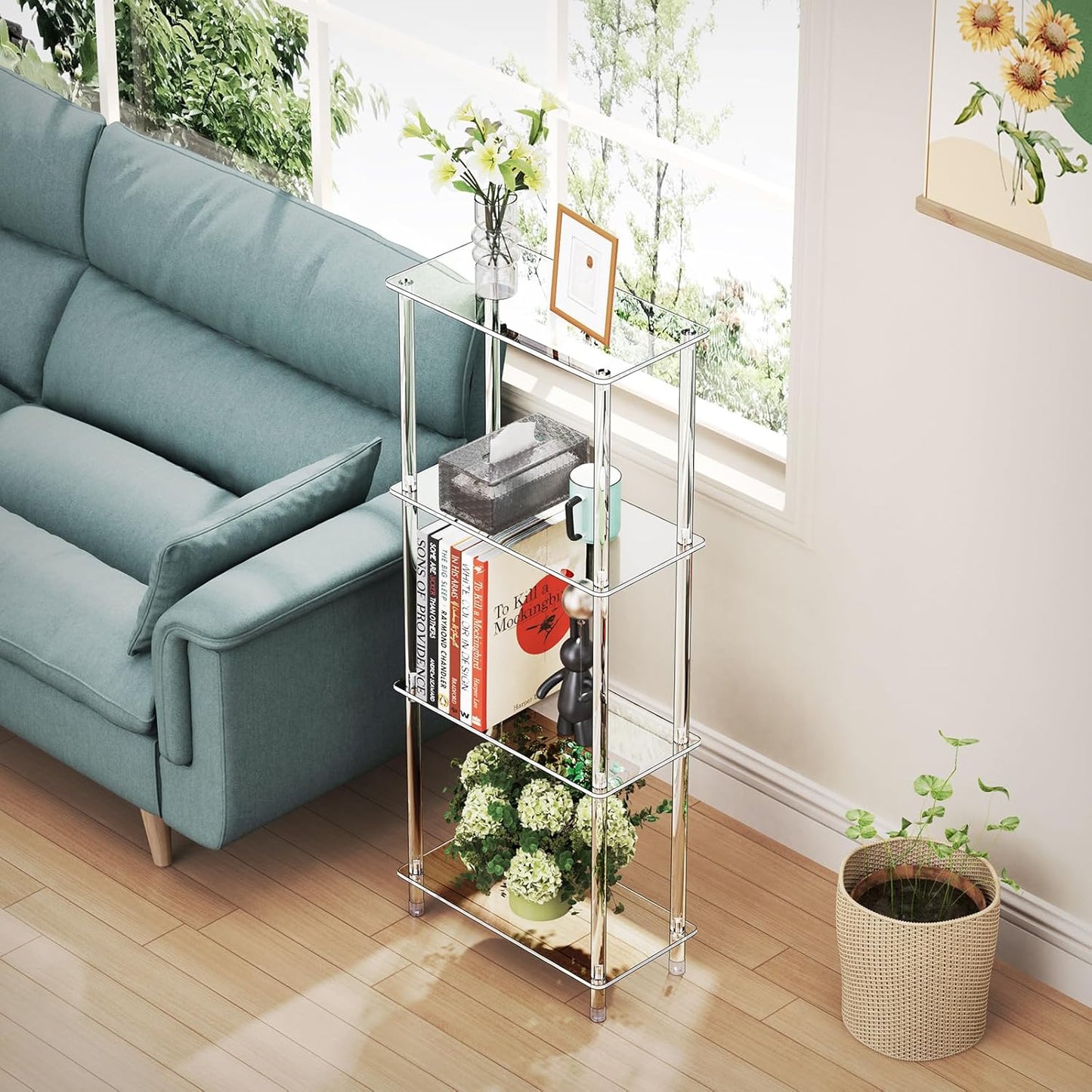 Clear Acrylic Narrow Side Table for Small Spaces, 15.75" L x 7.87" W x 38.7" H, 4 Tier Rectangle Slim End Table Nightstand, Small Mini Skinny Bedside Table for Bedroom, Bathroom, Living Room