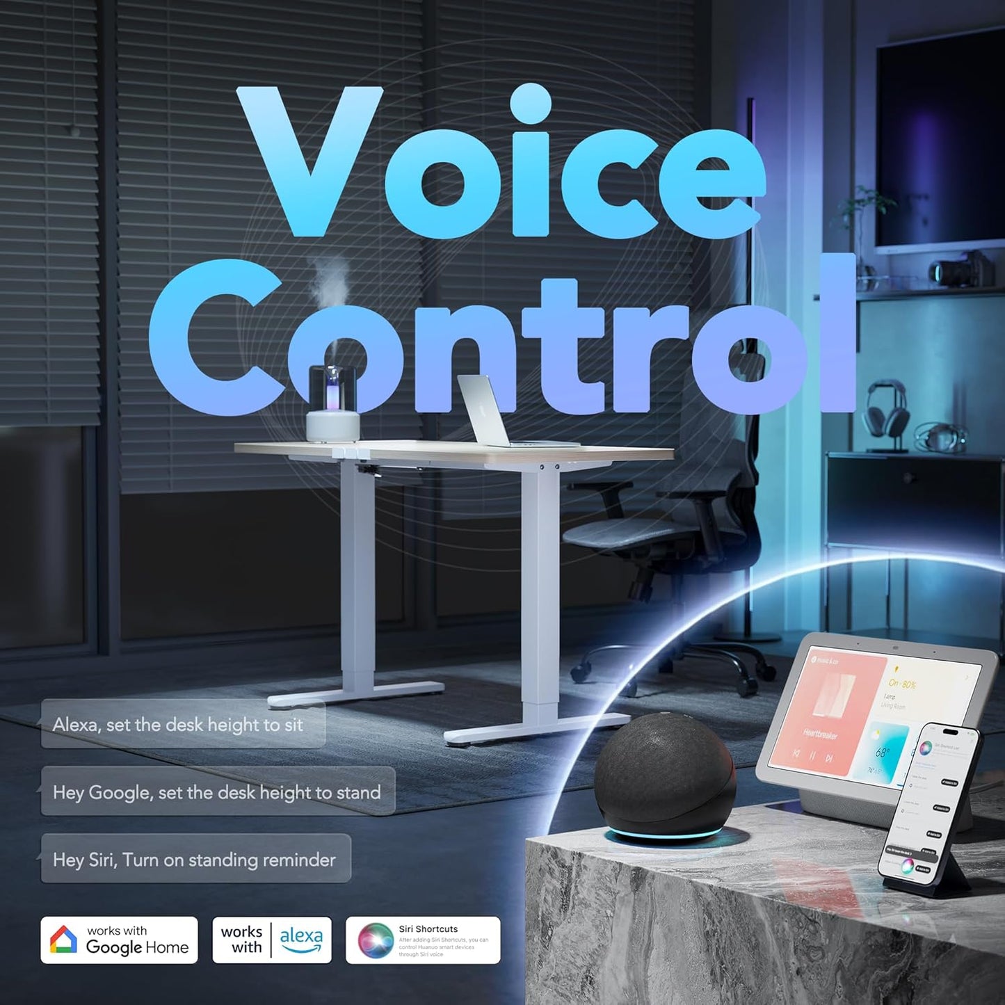 HUANUO One-Piece 32 inch Electric Standing Desk, Smart APP, Alexa & Google Voice Control, Wi-Fi, Adjustable Height, 6 Memory Settings, Sedentary Reminder, Posture & Neck Care, Light Walnut