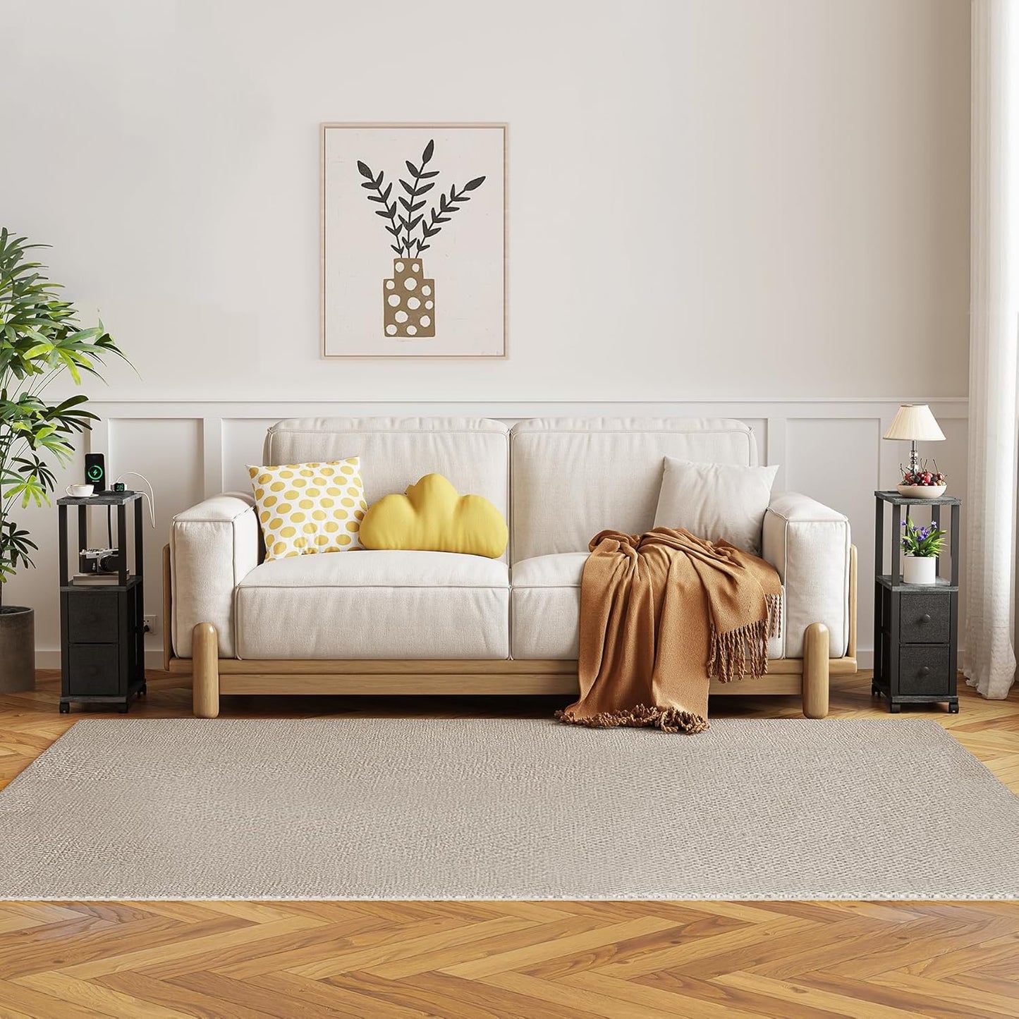 TUTOTAK Small Narrow End Tables, Side Tables with 2 Fabric Drawers, Set of 2, Bedside Tables with Charging Station for Small Spaces, Slim Nightstands with USB Ports and Wheels, TB01BY053