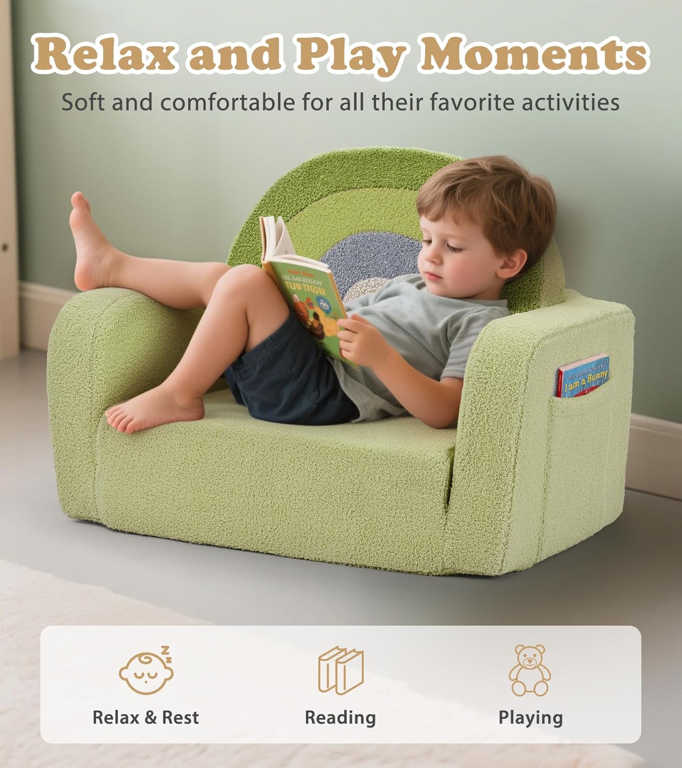 Kids Couch, 2-in-1 Soft Toddler Couch Fold Out with Blanket, Comfy Toddler Chair, Convertible Sofa to Lounger, Convertible Sofa to Lounger, Gifts for Kids Girl Boys, Medium Green Rainbow