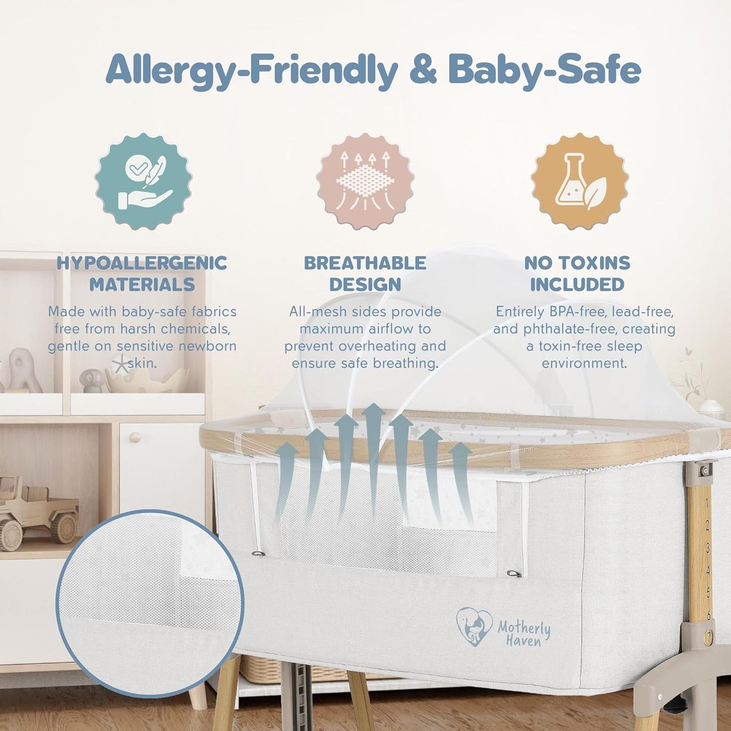 Baby Bassinet Bedside Sleeper, Portable Crib for Newborns, Adjustable 7-Height Auto-Lock, with Wheels, Soft Mattress & Breathable Mesh (White - with Mosquito Net)