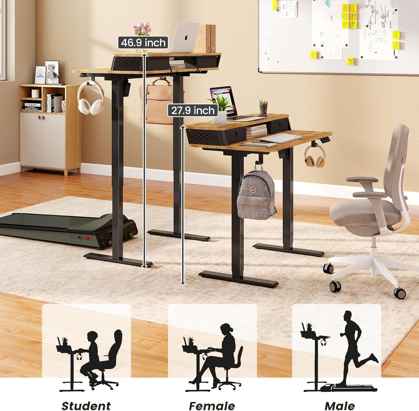 Small Standing Desk With Drawers and Brushless Motor,Electric Sit Stand Desk for Walking Pad,Ergonomic Stand Up Desk for Home Office & Gaming,3 Memory Height Preset & Hooks(40" x 24", Rustic Brown）