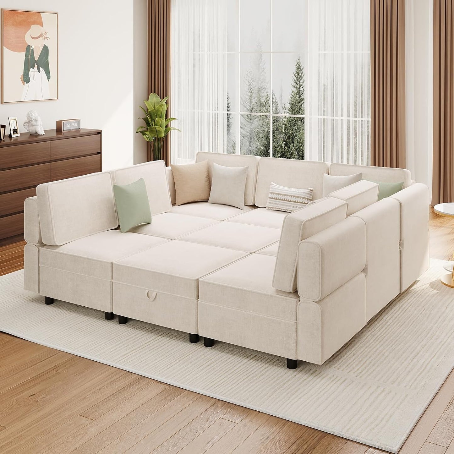 Modular Sectional 9-Seat Sofa, L Shaped Sectional Couch with Removable Storage Ottoman, Convertible Sleeper Sofa Suitable for Living Room, Bedroom, and Apartments, Beige