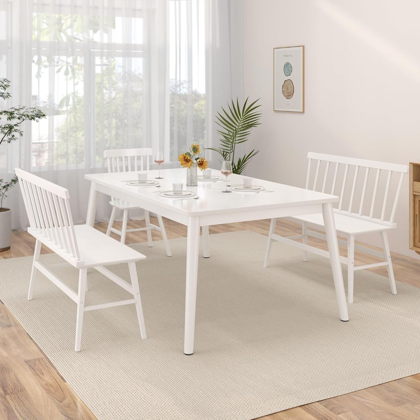 Bamboo Dining Bench, Wooden White Entryway Bench with Spindle Back Farmhouse Wood Windsor for Foyer Balcony Living Room Comfortable Winsor Chair Benches for Home