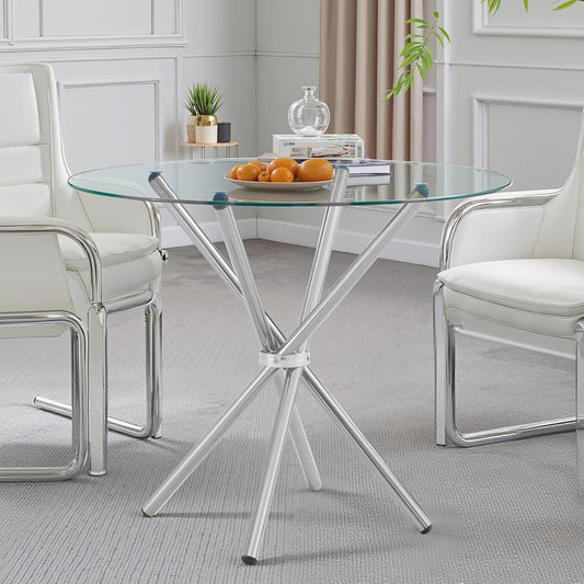 Kitchen Table for 2 Modern 36.6" Round Glass Table Small Tables with Trestle Metal Leg for Living Room and Apartment, Silver