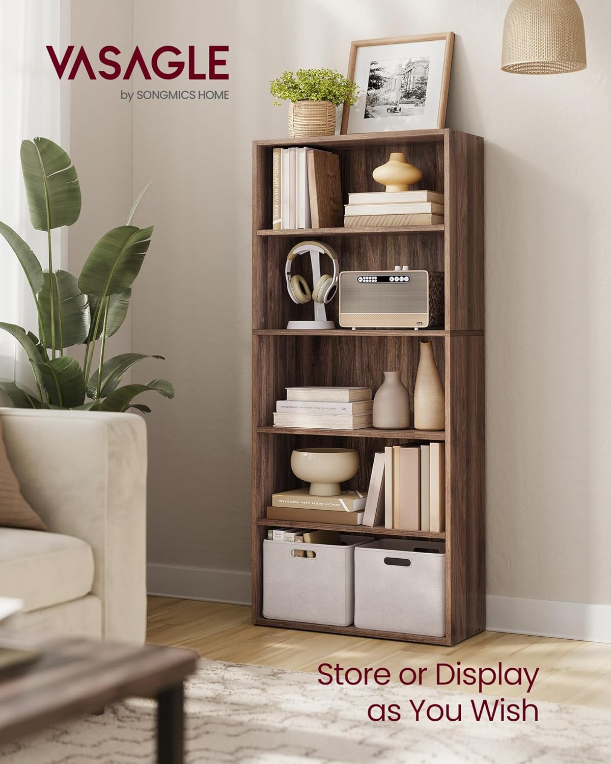 VASAGLE Custos Collection - Bookshelf, 5-Tier Bookcase, Book Shelf, Open Storage Shelf, 9.4 x 23.6 x 52.8 Inches, for Living Room, Home Office, Dinning Room, Natural Walnut ULBC165K01