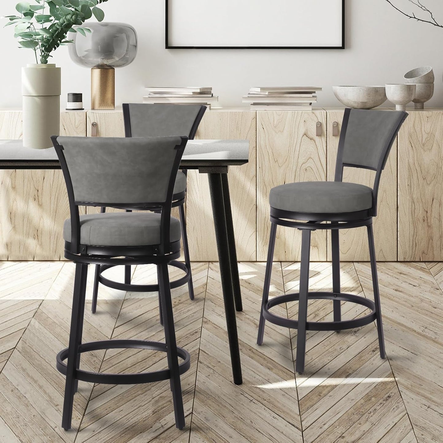 Bar Stools Set of 2, 25 Inch Metal Counter Height Bar Chairs, Modern Faux Leather 360° Round Swivel Barstools with Back, Counter Stools for Kitchen Island, Pub, Grey