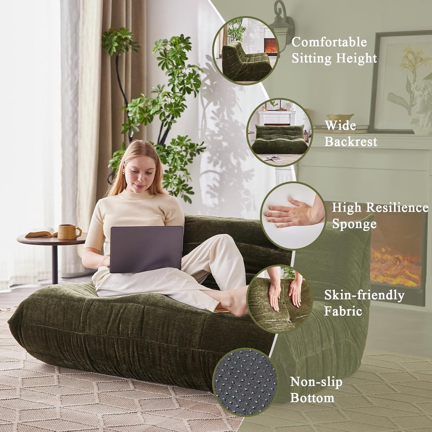 Bean Bag Chair, Loveseat Fireside Chair Large Bean Bag Sofa for Adults, Memory Foam Two Seater Couch Gaming Chairs with Comfy Design, Lazy Floor Sofa for Living Room, Bedroom, Olive Green