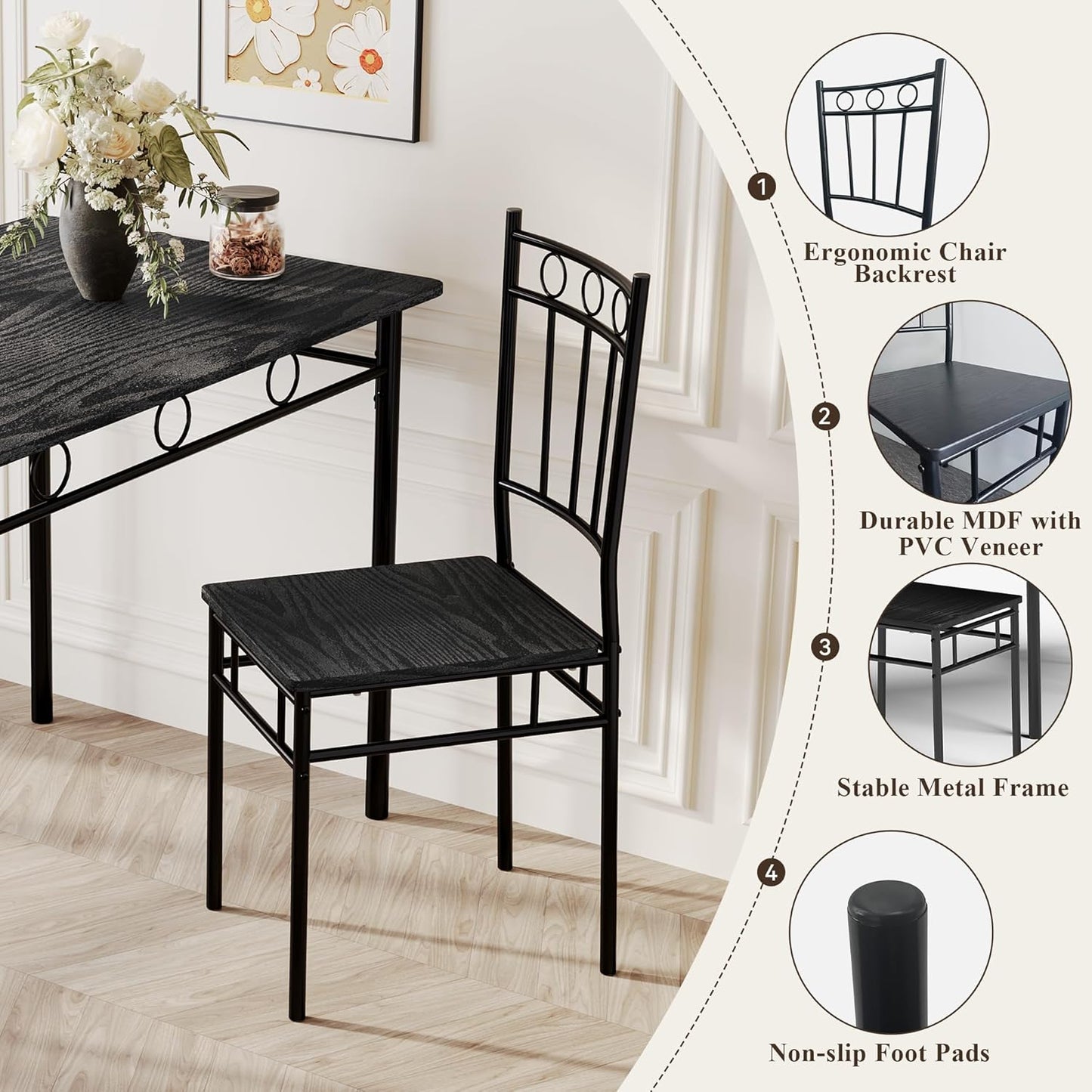 5 Piece Dining Table Set, Modern Metal&Wood Kitchen Dinner Table with 4 Chairs, Dining Room Table Sets for Small Spaces, Black