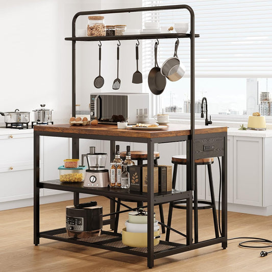 46" Large Kitchen Island Table Baker Rack with Power Outlet and 3-Tier Storage-Microwave Stand Oven Shelf, Metal Coffee Bar Table,Kitchen Storage Shelf for Dining Living Room, 5 Hooks,Vintage