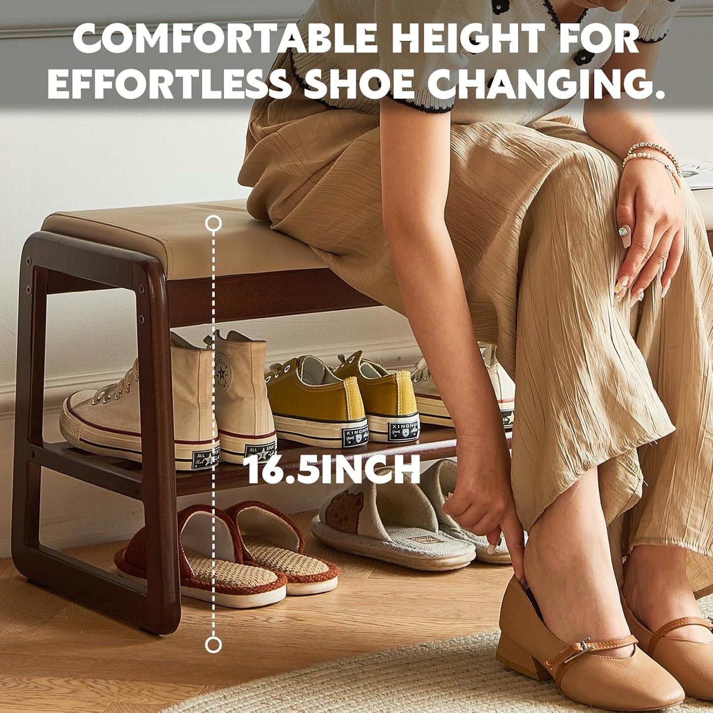 Solid Wood Shoe Bench, 2-Tier Wooden Storage Entryway Bench, Small Entryway Bench, Mid-Century Modern Bedside Bench with Faux Leather Cushion for Dining Room Living Room, Cream Grey 21.65''