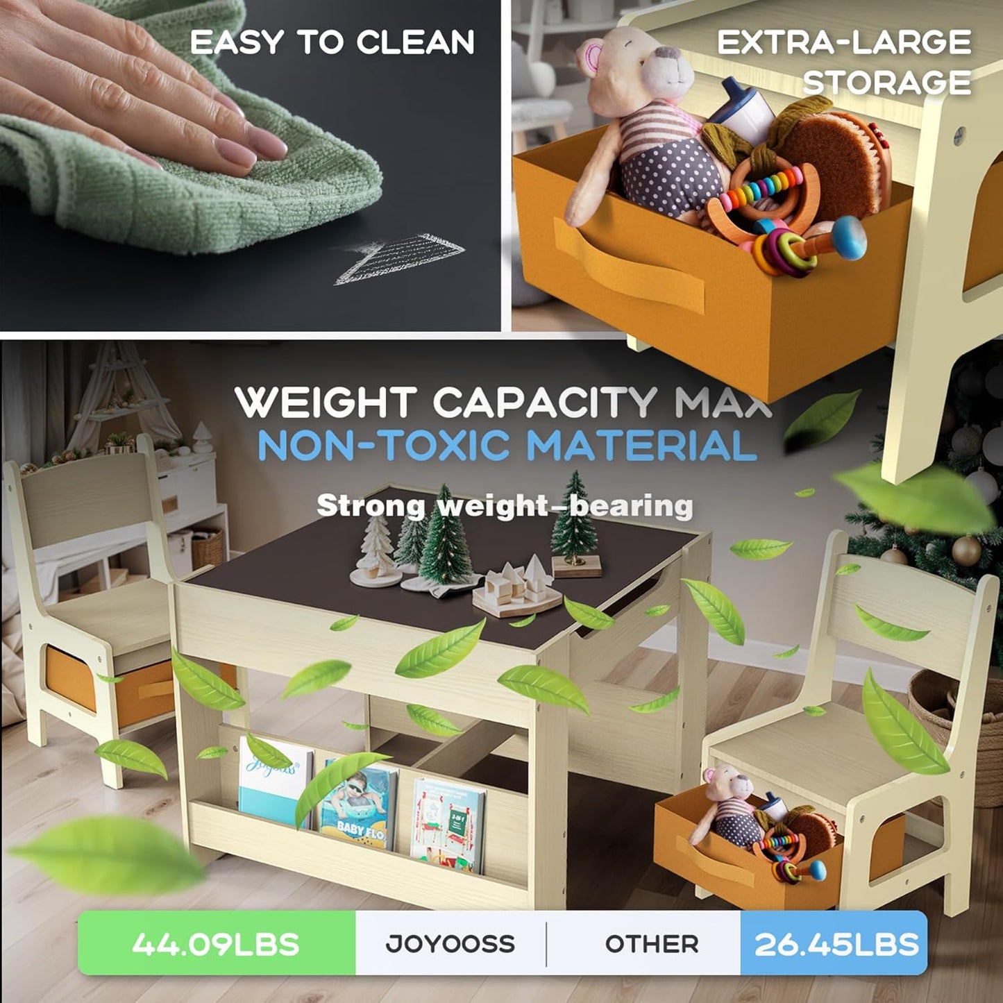 Joyooss Kids Table and Chair Set,4 in 1 Wooden Activity Toddler Table and Chairs Ages 3-7,2 in 1 Tabletop Drawing Reading Crafts Toddler Desk for Playroom,Kid Art Desk for Nursery Storage