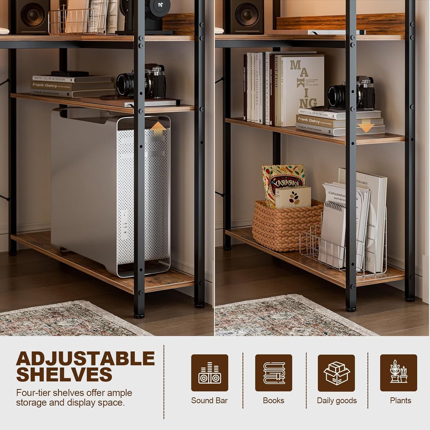 40 Inch L Shaped Computer Desk with Reversible Storage Shelves, Home Office Corner Desk Study Writing Table with Hutch, Study, Rustic Brown