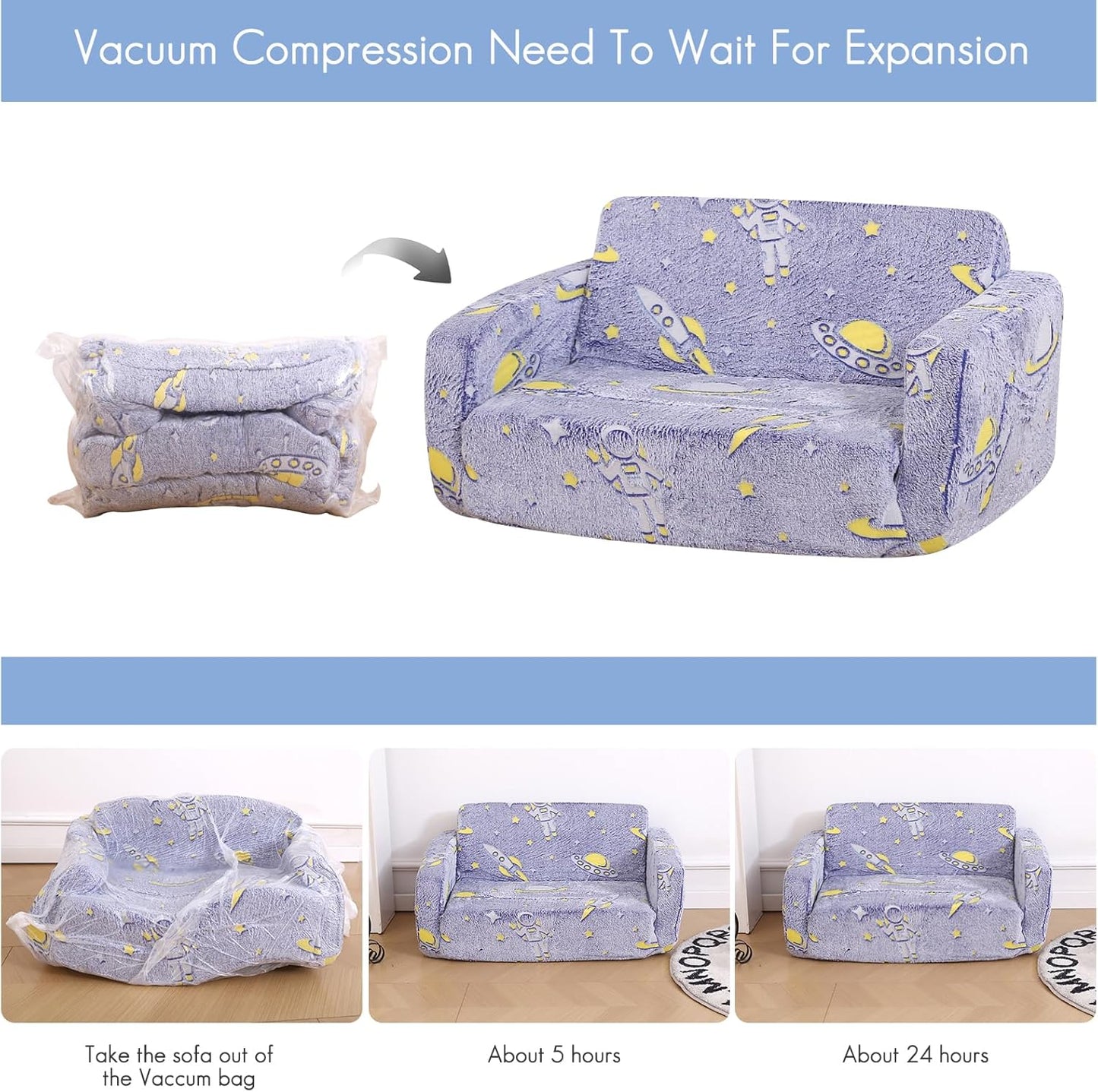 Foldable Kids Sofa,Soft Kids Fold Out Couch Glow in The Dark,Convertible Sofa to Lounger Toddler Sofa Chair(Space