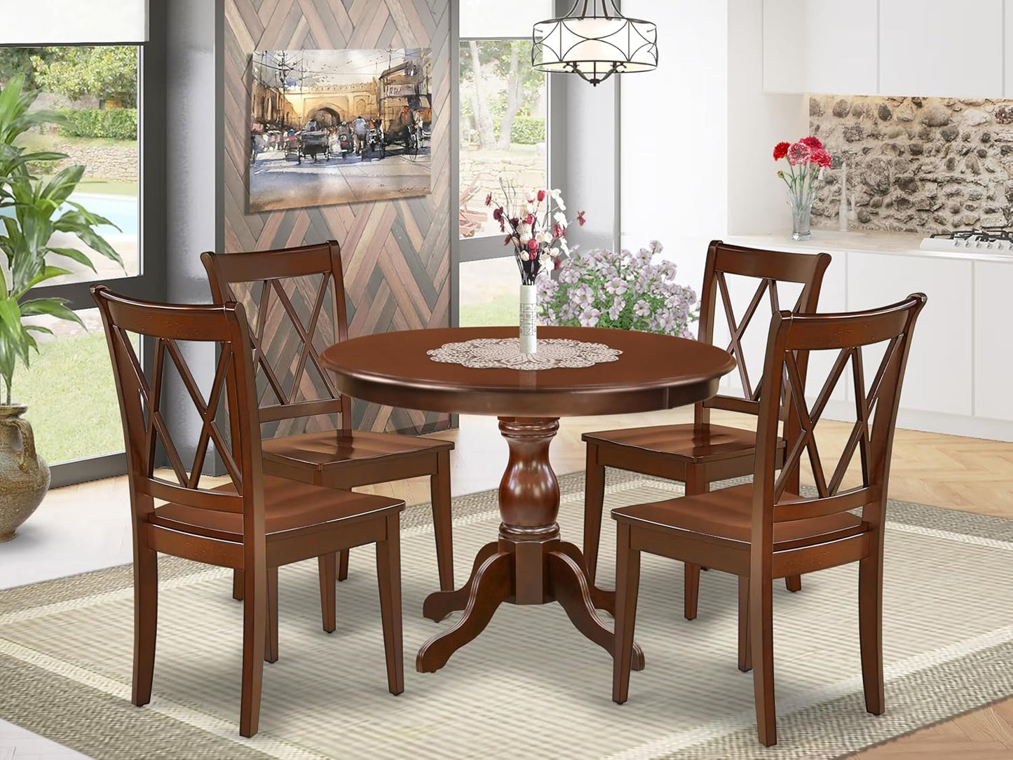 East West Furniture HBCL5-MAH-W 5 Piece Dining Room Furniture Set Includes a Round Kitchen Table with Pedestal and 4 Dining Chairs, 42x42 Inch, Mahogany