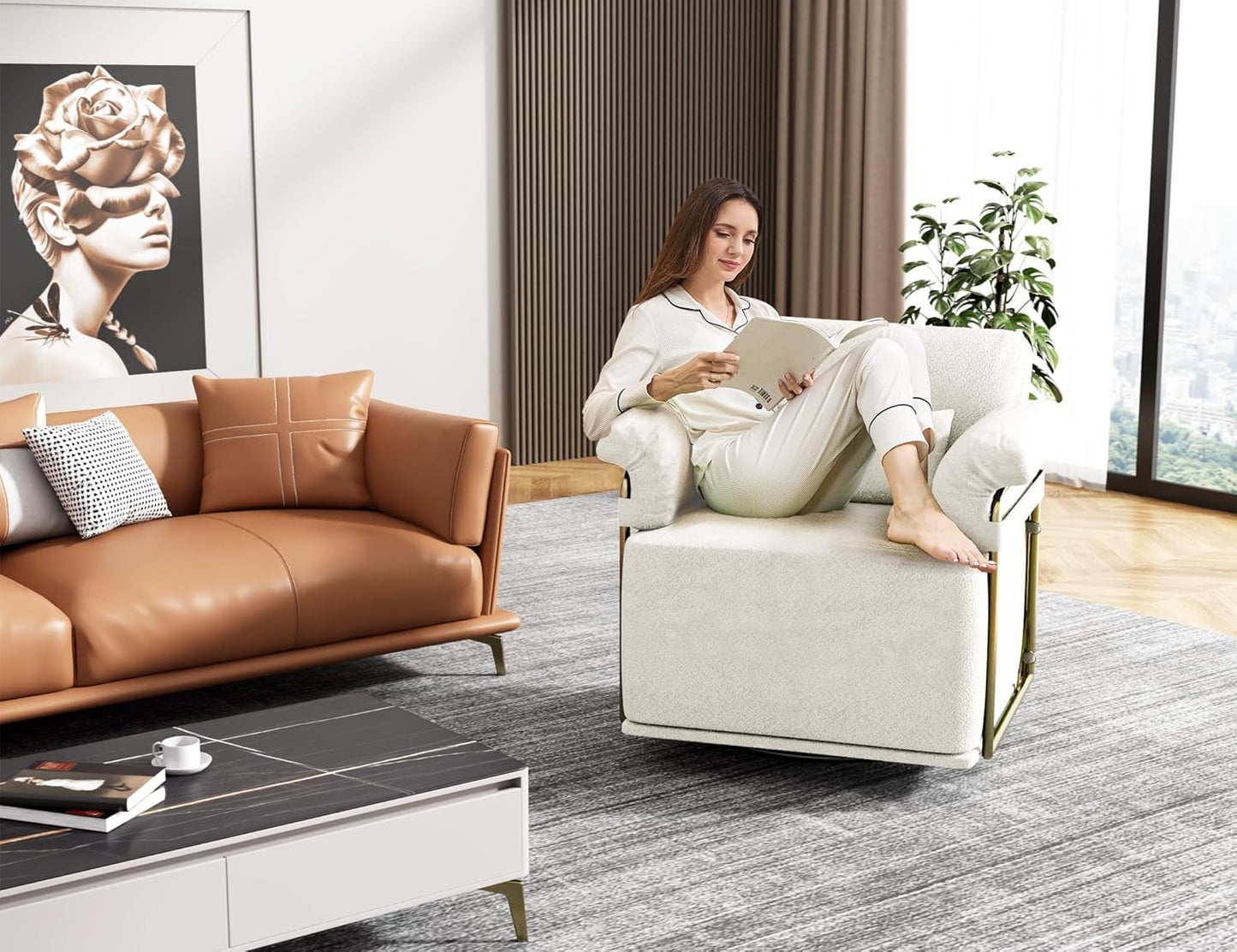 KEIKI Modern Comfy Swivel Accent Reading Chair with Waist Pillows, 360°Square Upholstered Barrel Armchair Single Club Lounge Sofa Chairs for Living Room,Bedroom,Office,Beige