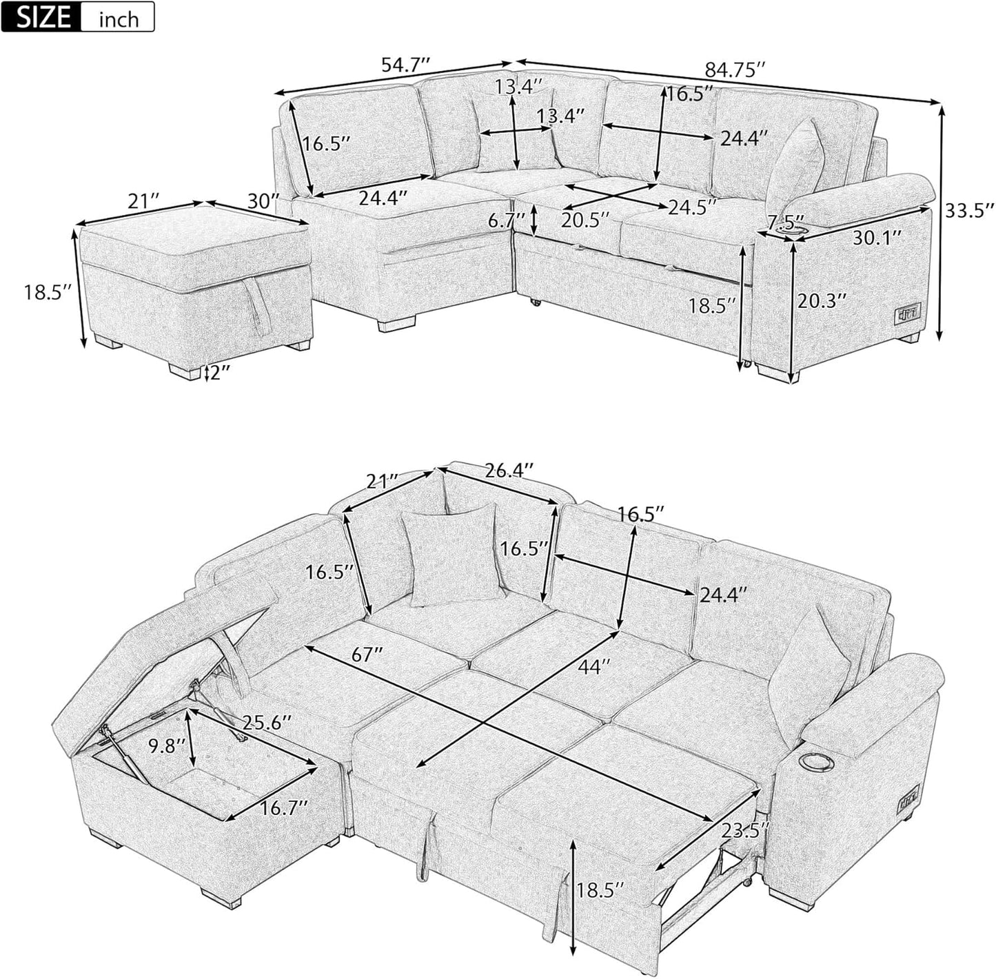 Ball & Cast Sleeper Sofa Bed L Shaped Couch with Storage Ottoman,Pull-Out Sectional Sofa Couch w/Cup Holder and Charging Stations,for Living Room and Small Apartment,Green