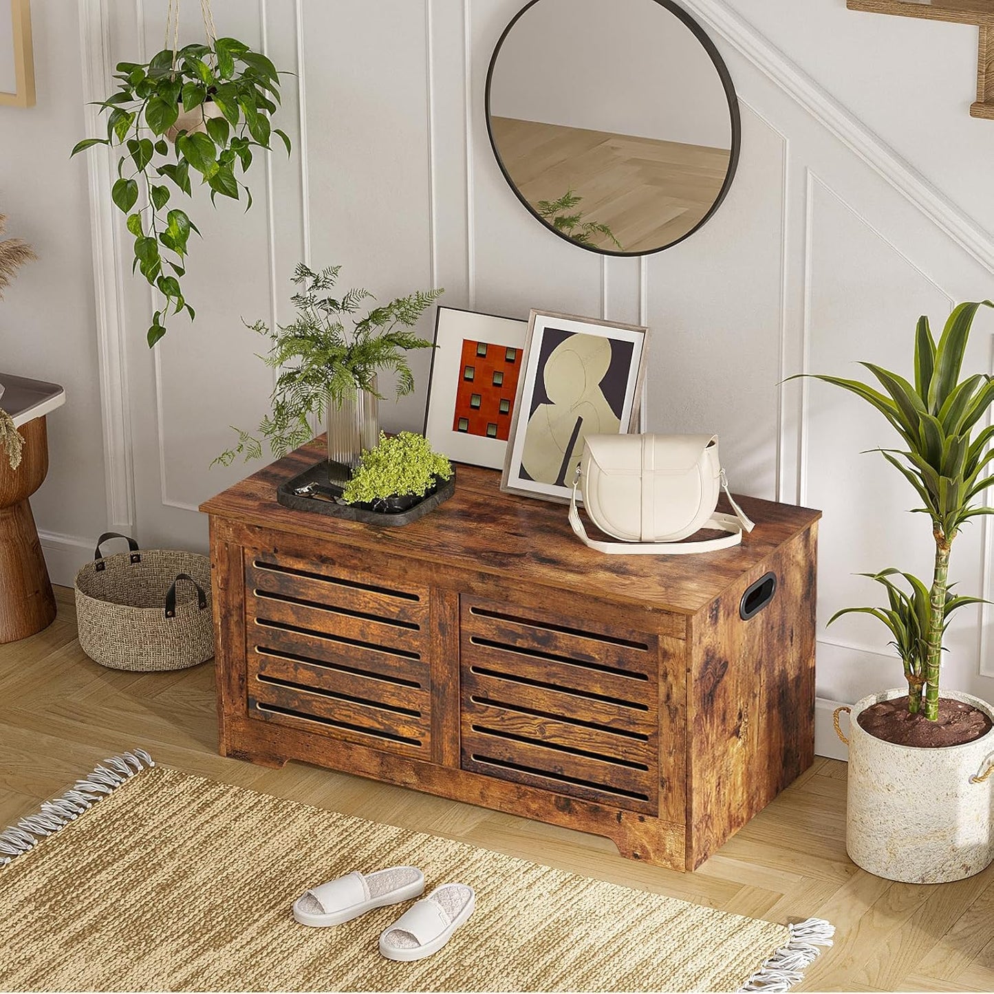 DINZI LVJ Storage Chest, 43.3” Wooden Toy Box with 2 Safety Hinges, Retro Entryway Shoe Storage Bench with Flip-Top, Sturdy Large Storage Trunk for Living Room, Bedroom, Easy Assembly, Rustic Brown