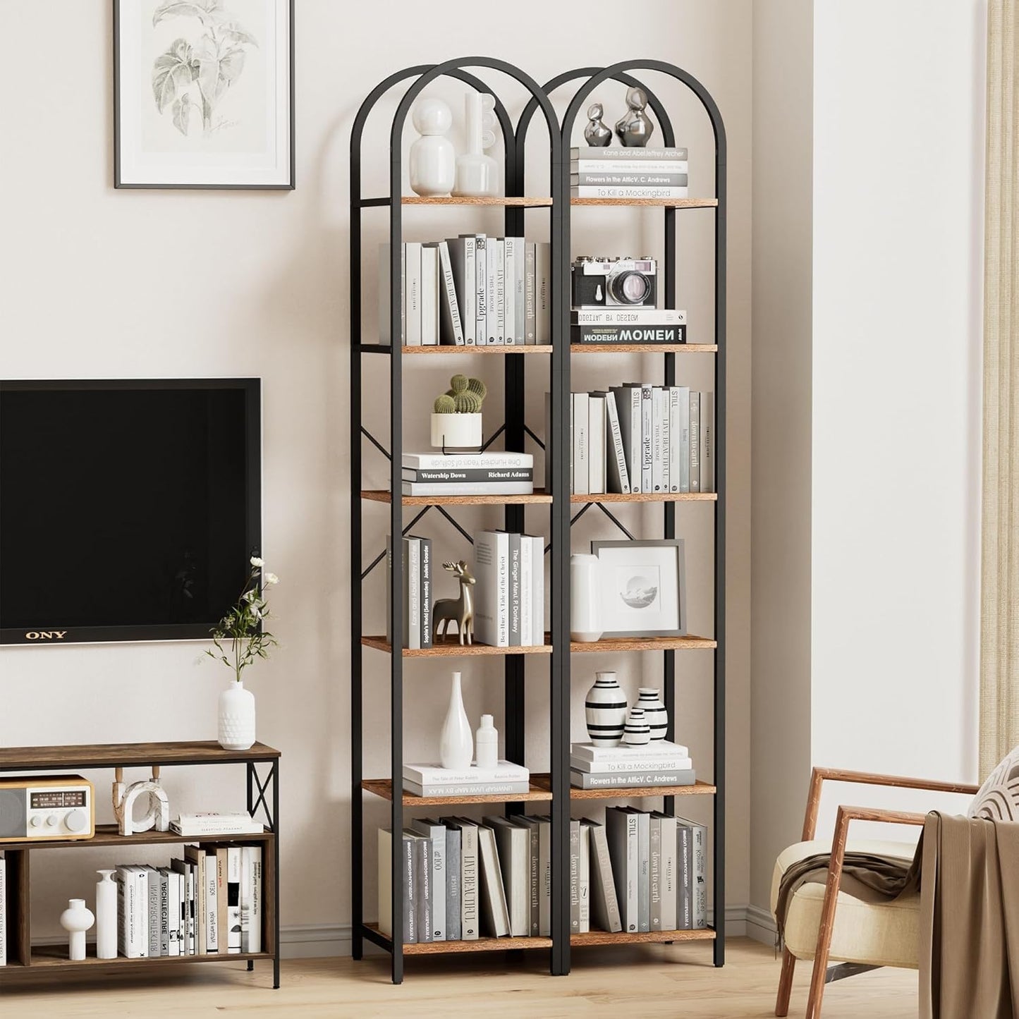 Homhedy 6-Tier Narrow Bookshelf Arched Display Racks, Wood and Metal Bookcase, Tall Bookshelf, Industrial Display Standing Shelf Unit, for Home Office, Living Room, Bedroom, Bathroom