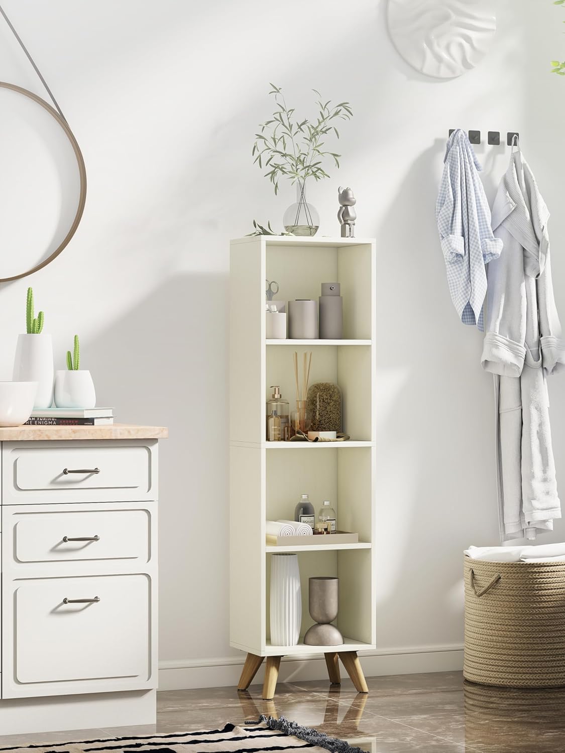 Manora Small Bookcase with 4 Open Shelves, Modern White Bookshelf with Wooden Legs, Narrow Storage Organizer for Living Room, Bedroom, Office