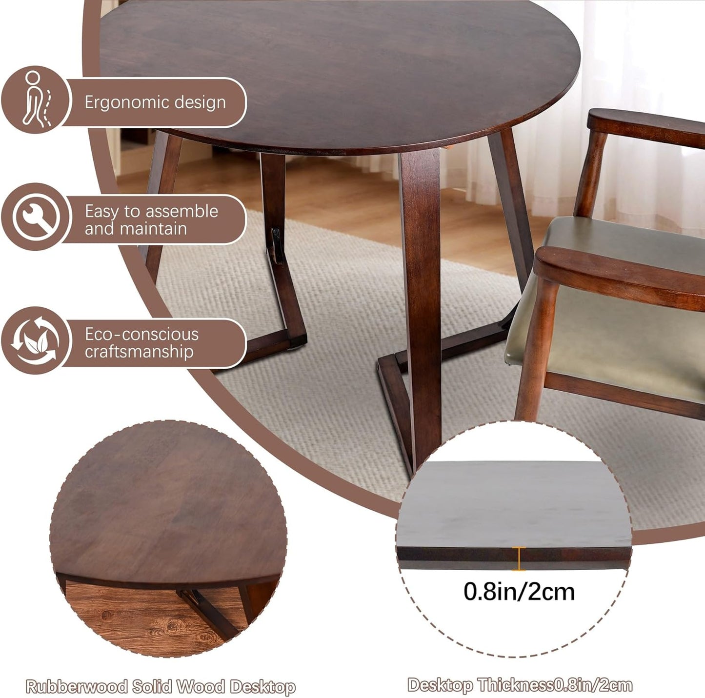 Round Rubber Solid Wood Dining Table - Mid Century Modern Style with V-Shaped Wooden Frame Base, Multi-Functional as Meeting/Coffee/Leisure Table,Space Saving Design,24”