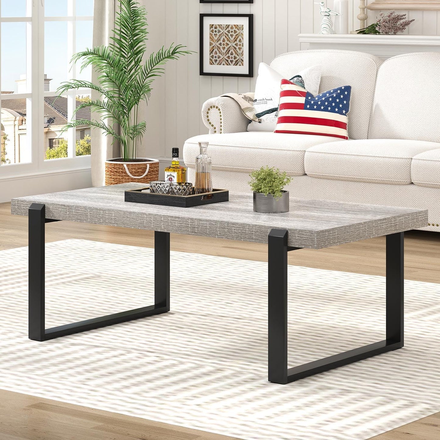 FOLUBAN Modern Coffee Table, Rustic Wood and Metal Center Table, Rectangle Cocktail Tea Table for Living Room, Light Grey, 47 Inch