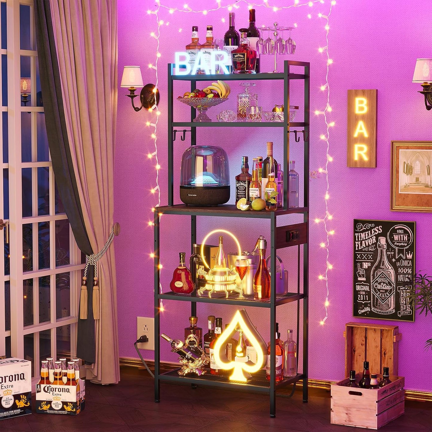 S1 Kitchen Bakers Rack with Power Outlet, Microwave Stand with Storage 5-Tiers, Freestanding Coffee Bar Table with 4 Hooks, Kitchen Storage Shelf 13" D x 22.9" W x 58.3" H, Rustic Brown