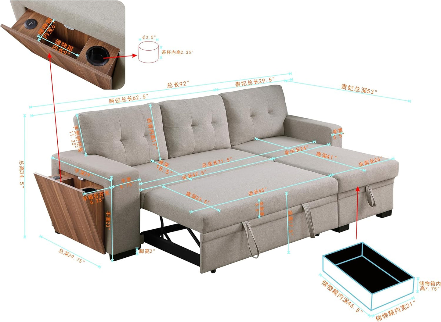 Devion Furniture Garisa 4-in-1 Convertible L Shaped Couch with Pull Out Bed and Storage, Sectional Sleeper Sofa with Reversible Chaise for Living Room, Apartment, Bedroom, Office