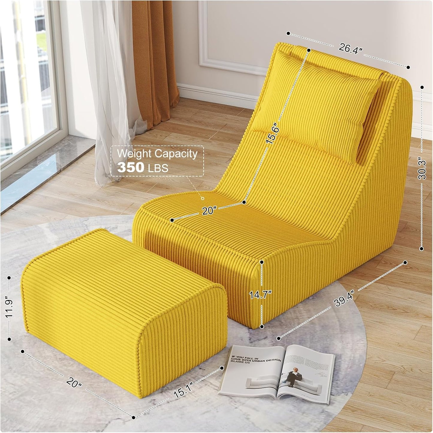 Giant Bean Bag Chair for Adults,Corduroy Chaise Lounge with Unrivaled Back Support, Detachable Neck Pillow, Comfortable Ottoman & Washable Cover for Living Room, Bedroom, Garden (Corn Yellow)