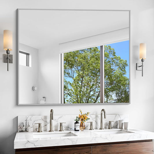 KOCUUY Silver Bathroom Mirror, 40"x48" Large Rectangular Mirror with Metal Frame, Brushed Nickel Vanity Mirror with Modern Design for Bathroom, Living Room, Entryway, Hang Horizontal/Vertical