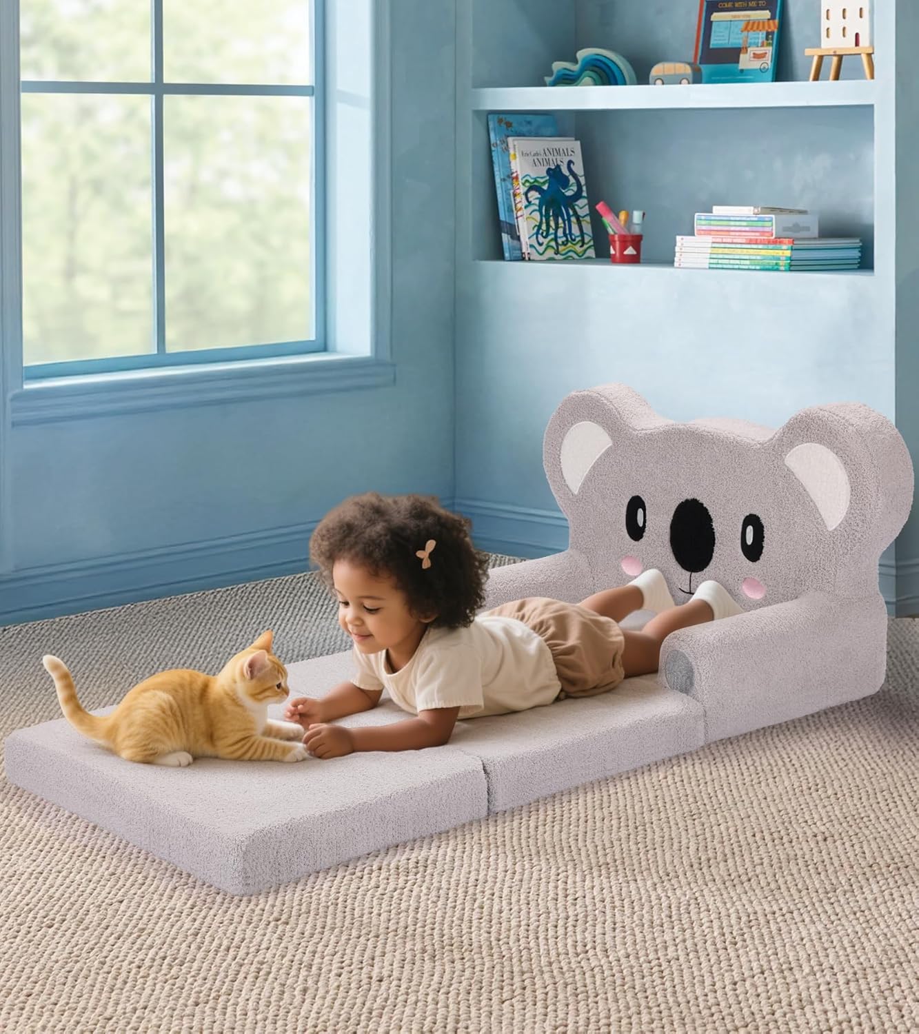 Kids Couch, 2-in-1 Soft Toddler Couch Fold Out with Blanket, Chair Comfy, Foldable Convertible Plush Sofa to Lounger, Gifts for Kids Girl Boys, Koala