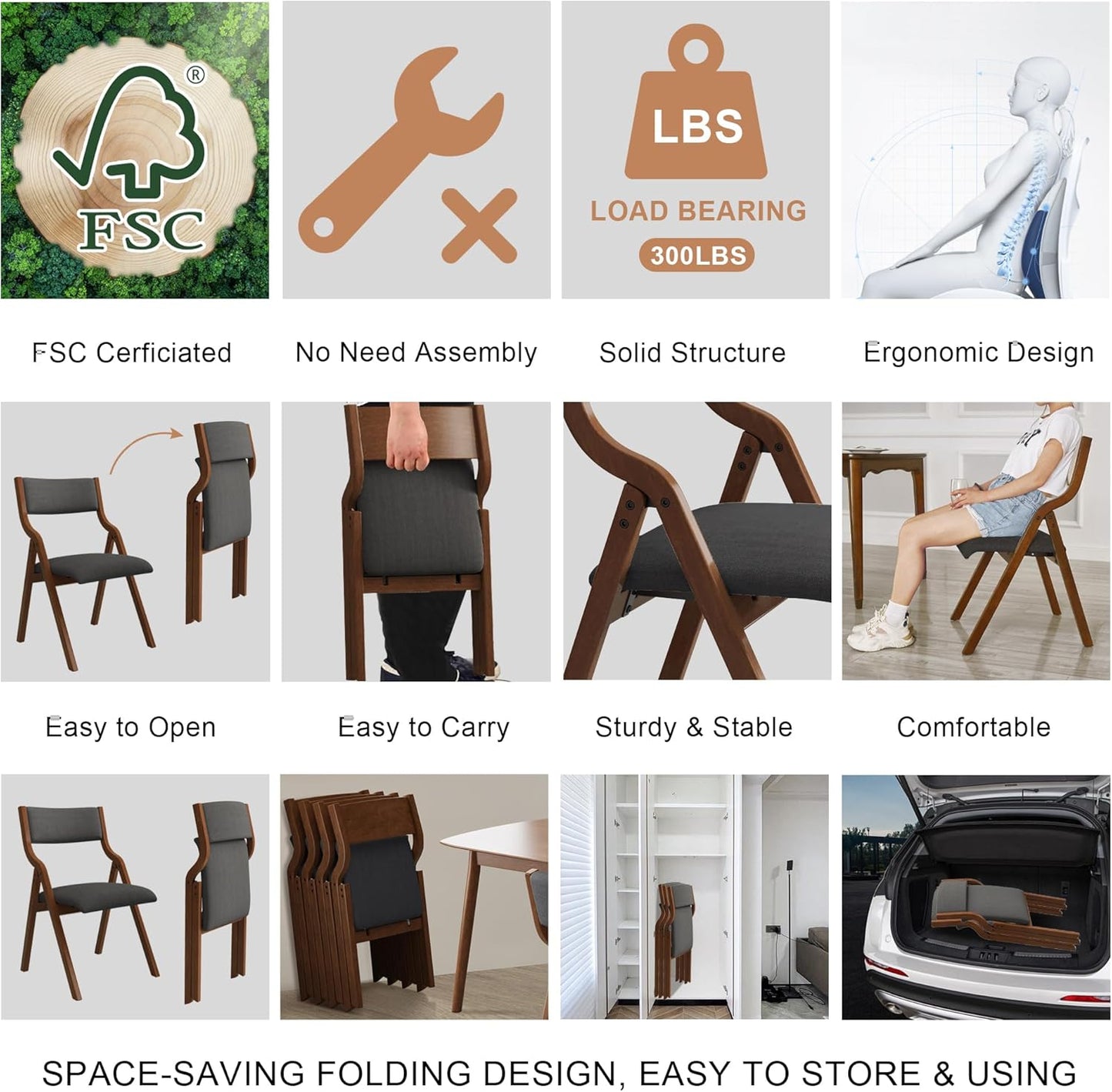 Folding Dining Chairs Set of 2, Upholstered Kitchen Chair with Padded Seat & Backrest, Modern Sidechair with Wood Legs,No Assembly Needed,Dark Grey+Walnut