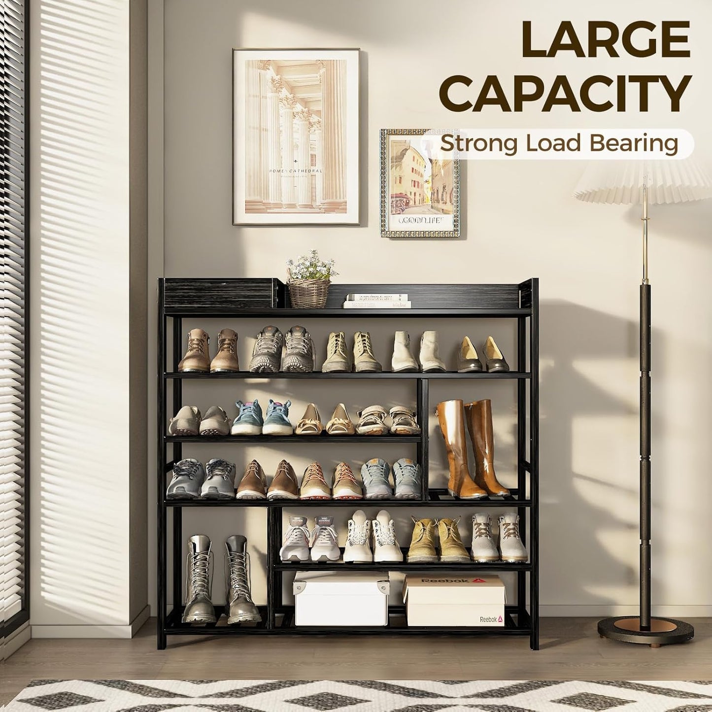 Bamworld Shoe Rack for Front Door Entrance Bamboo Shoe Organizer with Storage Box Free Standing Shoe Cabinet Shoe Storage Shelf for Entryway, Closet and Doorway (Black)