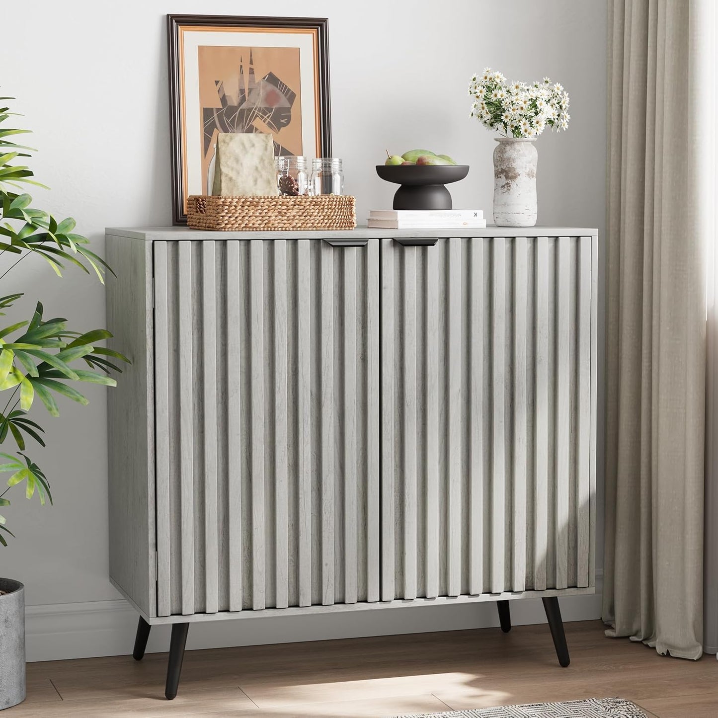 Semiocthome Gray Buffet Cabinet with Storage, Sideboard with Fluted Doors and Metal Legs, Storage Cabinet with Adjustable Shelf, Accent Table for Living Room, Dining Room, Kitchen, Entryway