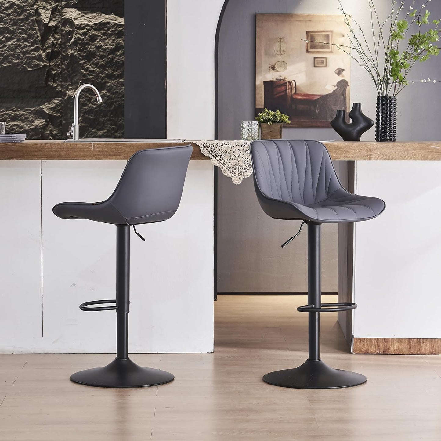 YOUNIKE Bar Stools Set of 2 for Kitchen Island, Purple-Tinted Gray Swivel Tall Bar Stools, Faux Leather Padded Barstools with Back, Modern Counter Height Bar Chairs, Easy to Assemble