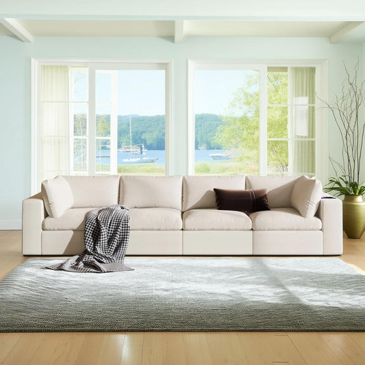 133.9 Inch Modular Convertible Sectional Sofa with Storage, USB Ports, Wireless Charging & Built-in Speaker in Arm, L-Shaped Upholstered Sleeper Couch for Living Room Office, Beige