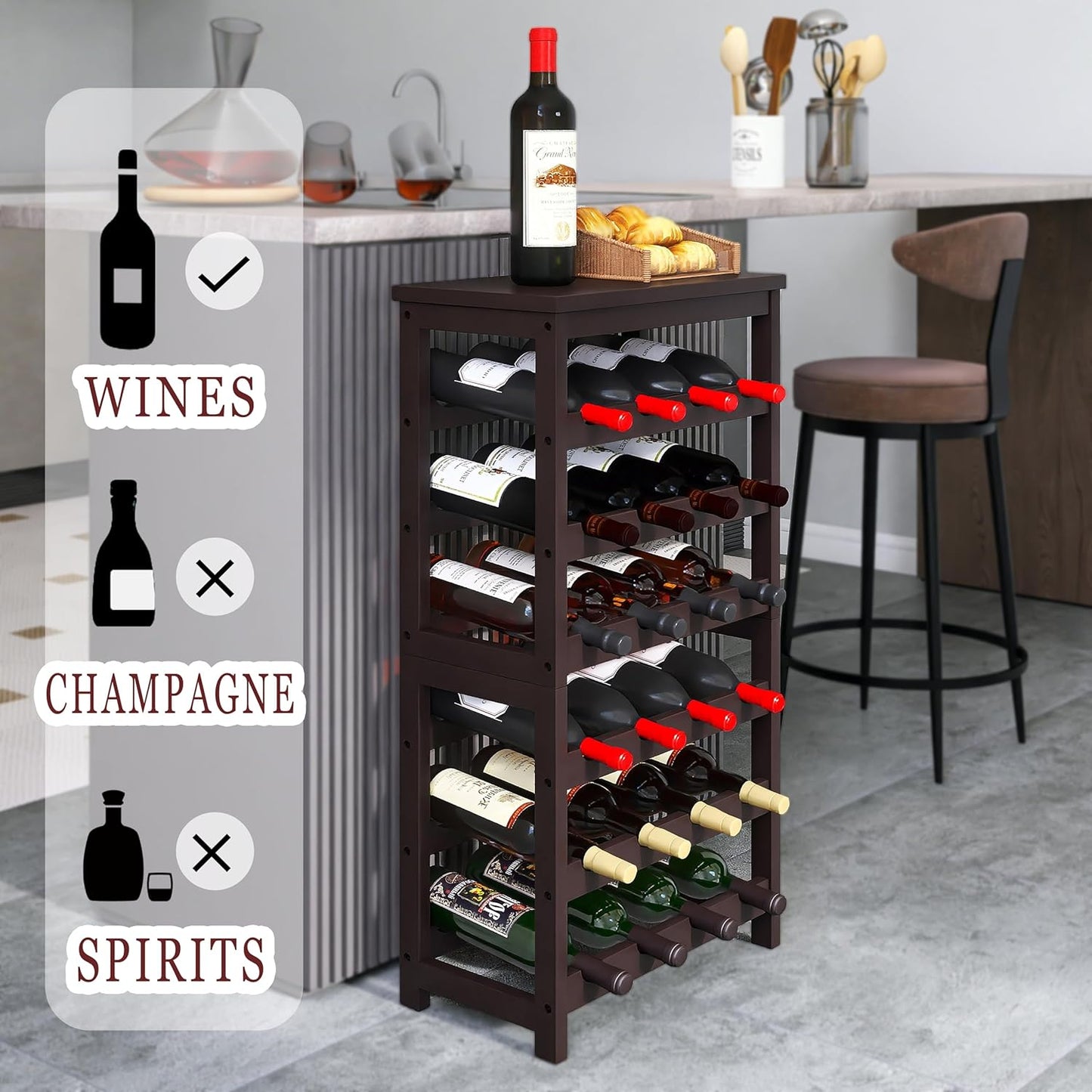 Bamboo Wine Rack, 24 Bottles Wine Display Storage Shelves with Table Top, 6 Tier Wobble-Free Floor Free Standing Table Wine Organizer, Brown