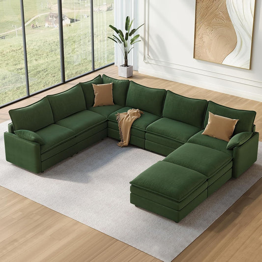 Vesgantti Large Modular Sectional Sofa, Big Comfy Cloud Couch with Ottoman Deep Seat Chenille Cloud Sofa, 8 Seater Large Sectional Couches for Living Room, Bedroom and Apartment, Green