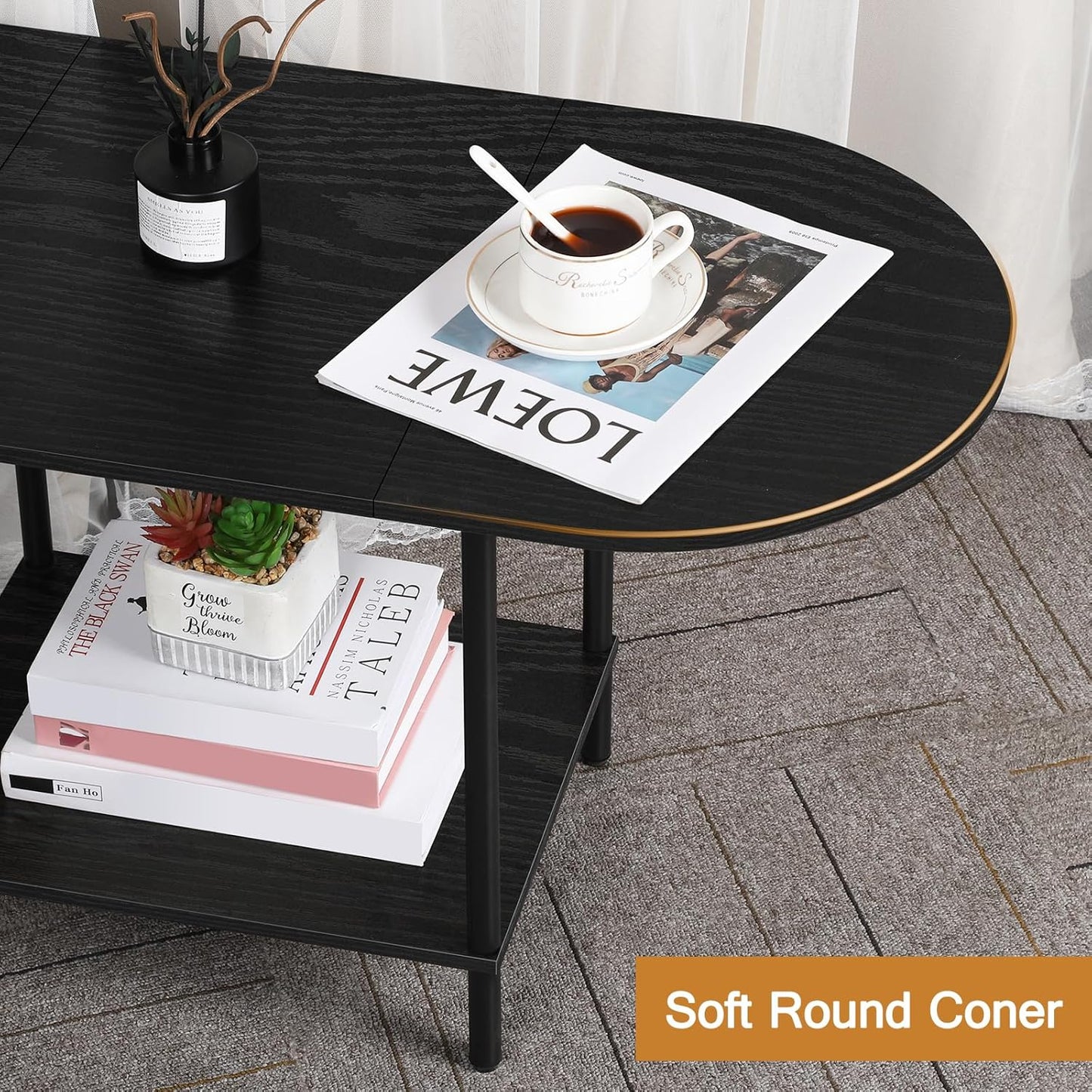 Black Coffee Table for Living Room, 2-Tier Small Oval Center Table, Mid Century Farmhouse Round Tea Table with Storage Shelf for Small Space, Home Office, Living Room