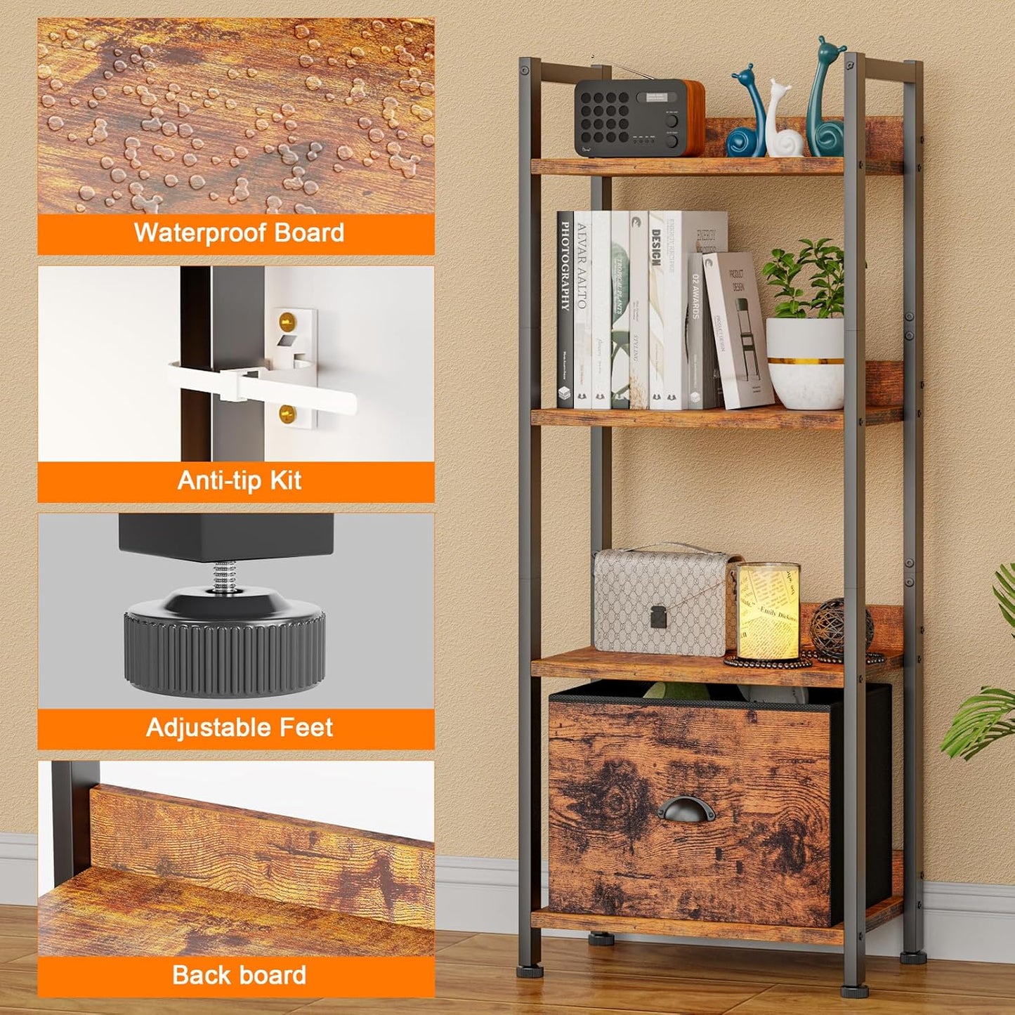 Furologee 4 Tier Bookshelf with Drawer, Tall Bookcase with Shelves, Narrow Bookshelves Storage Organizer, Wood and Metal Display Standing Shelf Unit for Bedroom, Living Room, Rustic Brown