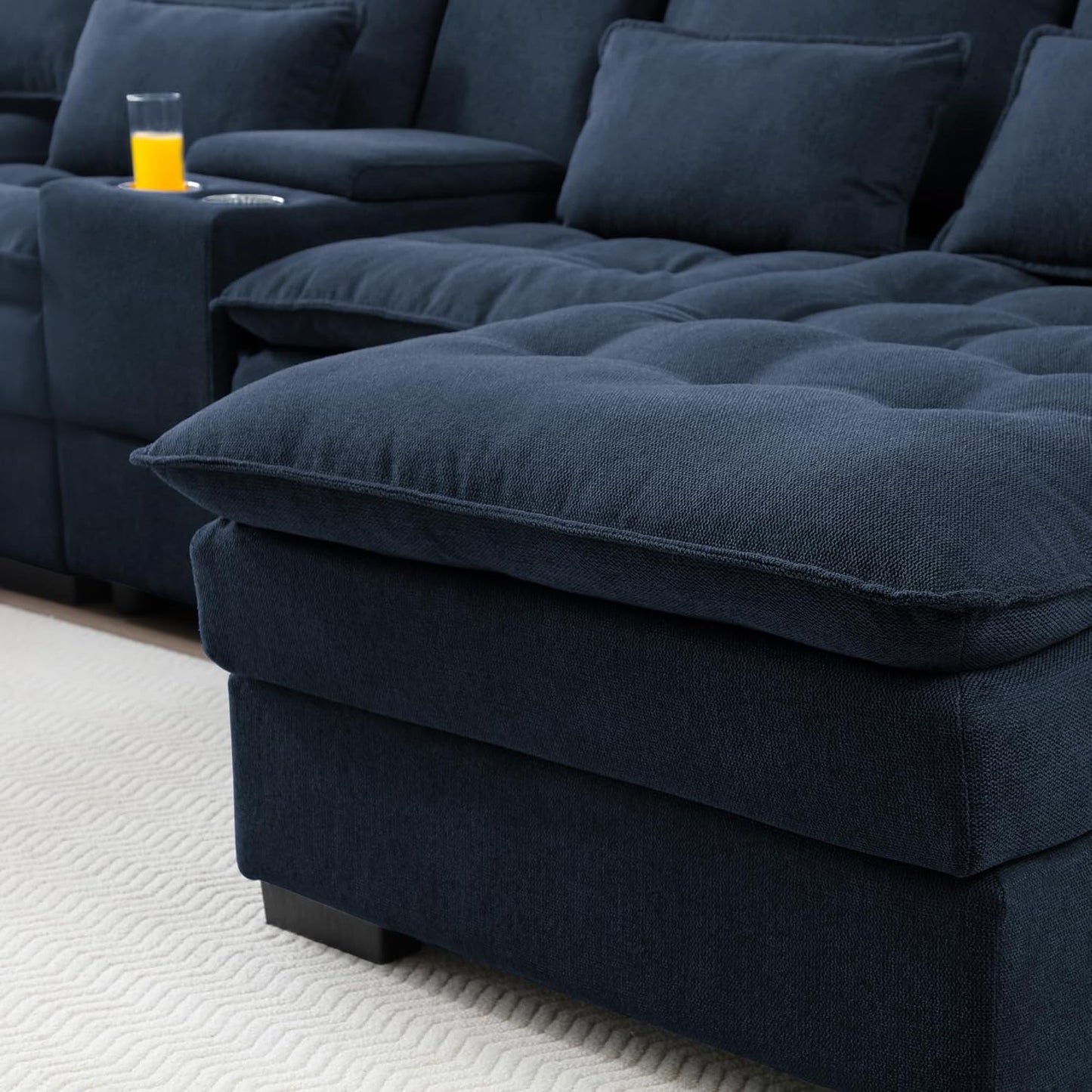 KEIKI 130" U-Shaped 6 seat Sofa with Storage Console, Cup Holders, Upholstered Sectional Sofa, Button Tufted Cloud Cushion Couch for Home, Office, Apartment, Blue