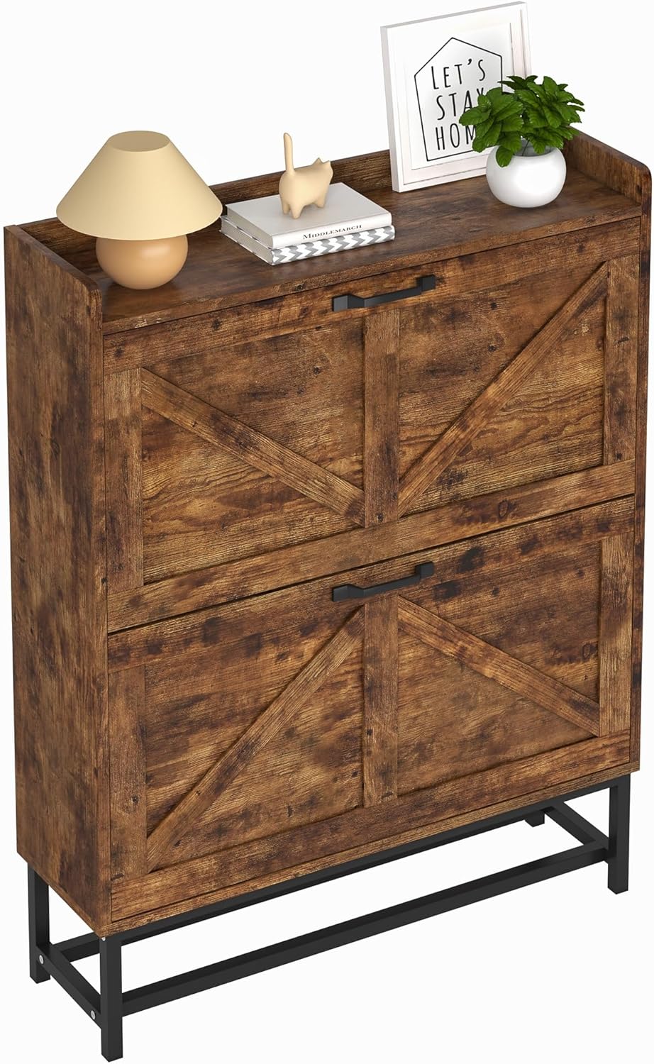 JSB Shoe Cabinet with 2 Flip Drawers, Freestanding Storage Organizer Shelf with Metal Legs, Narrow Shoe Rack Cabinet for Entryway (Rustic Brown, 2-Drawers)